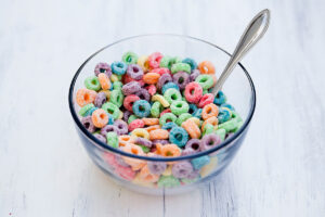 fruity cereal in a bowl with spoon