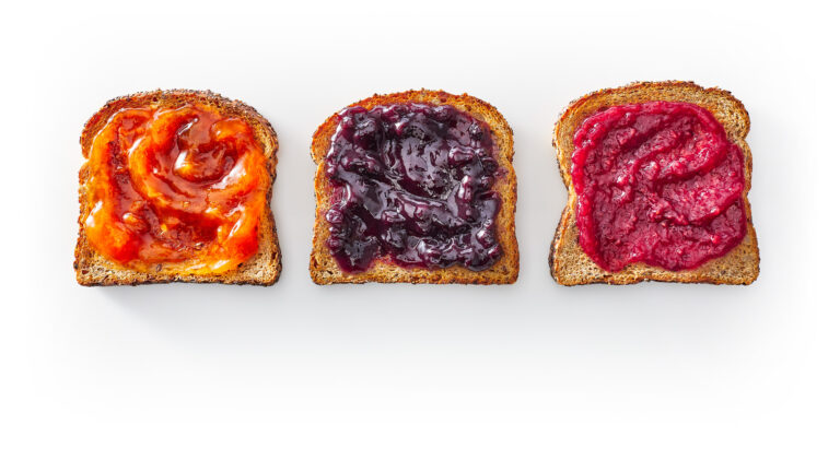 jams spread across three slices of toast